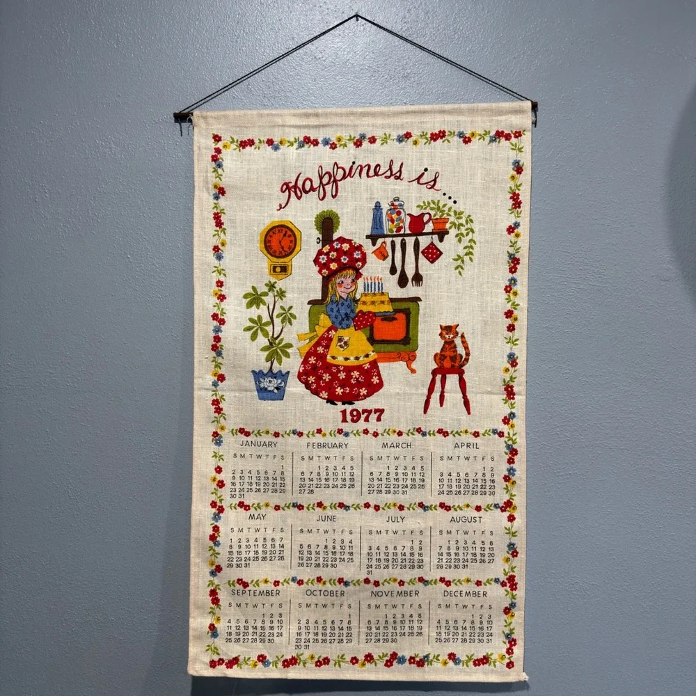 Vintage 1977 Linen Calendar Tea Towel Wall Hanging Retro Kitchen Decor 16x27